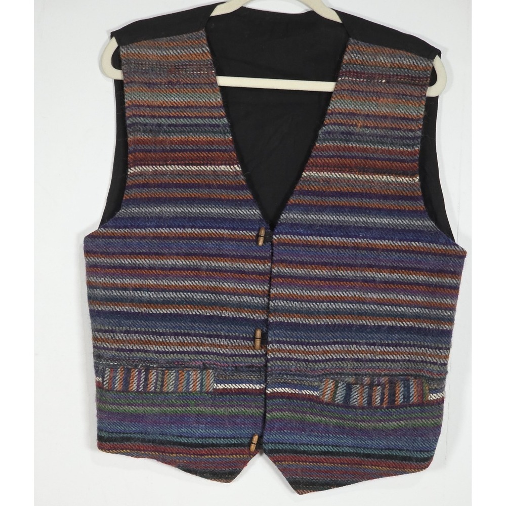 Nepal Mens Medium Wool Striped Toggle Closure Knit Layering V Neck Waistcoat Ves